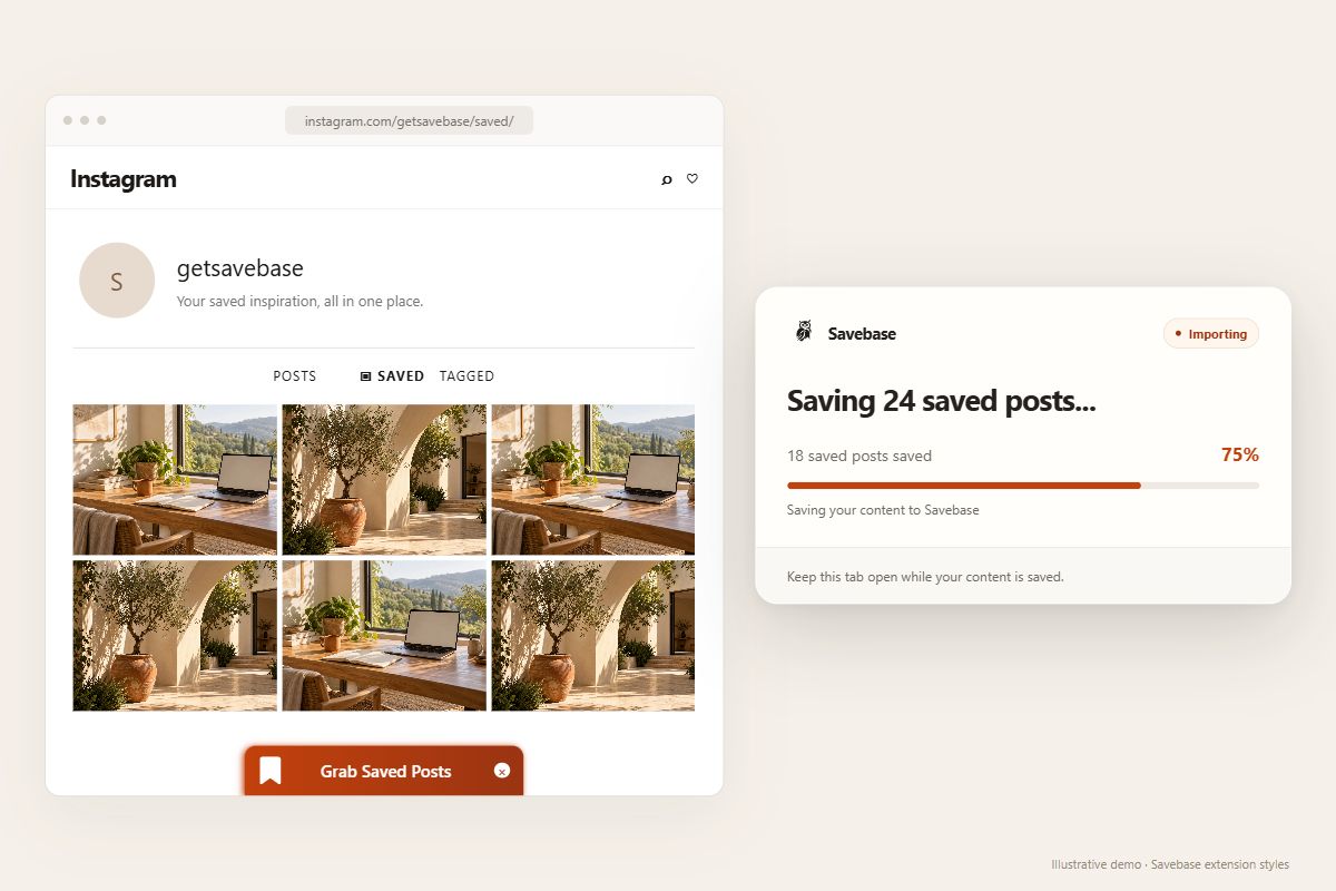 Illustrative Instagram Saved page at getsavebase/saved with the real Grab Saved Posts bar and Savebase’s import progress card showing an example import.