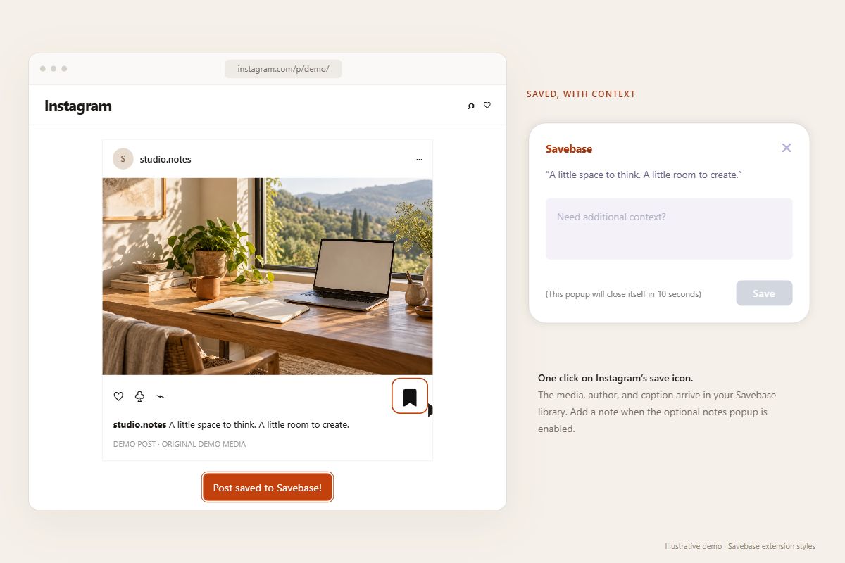 Illustrative Instagram post with its native bookmark icon selected, the actual Savebase notes popup, and a Post saved to Savebase notification.